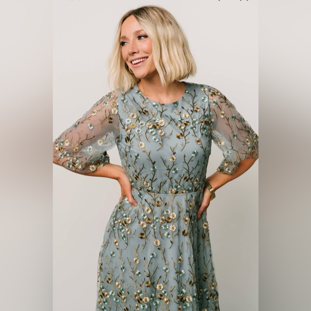 Baltic Born Arabella Dusty Blue Floral Embroidered Midi Dress - Picture 2 of 8